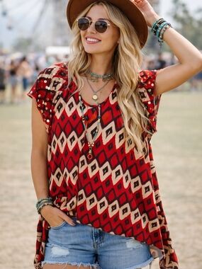 Beverly Drive Women's 16/18 W Red and Cream Diamond Print V-Neck Tunic Flowy